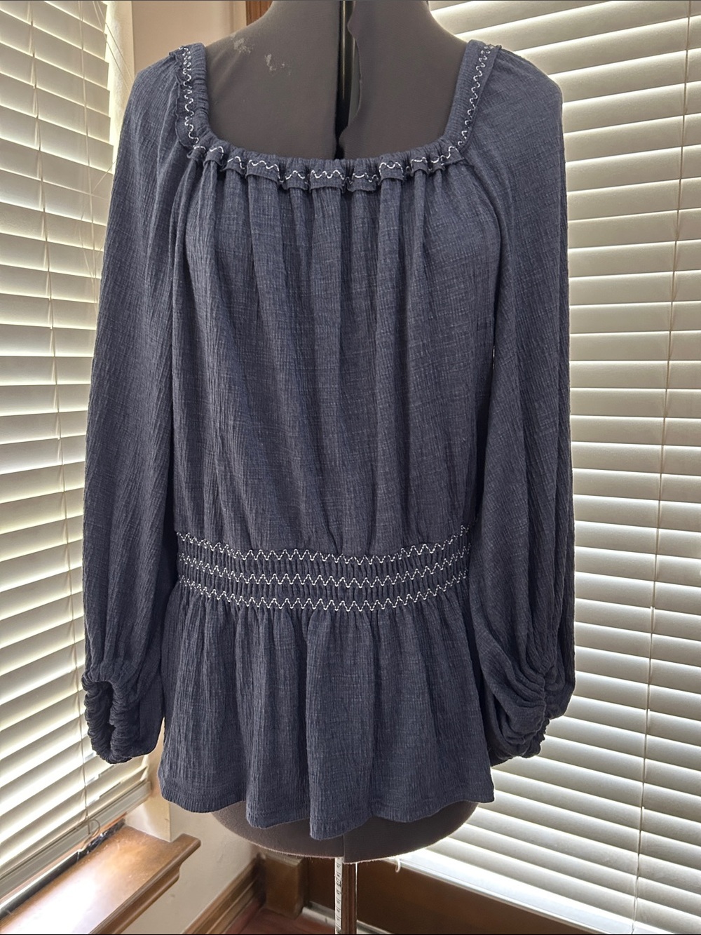 Max Studio Slate Blue Long-Sleeve Peplum Smocked Waist Top